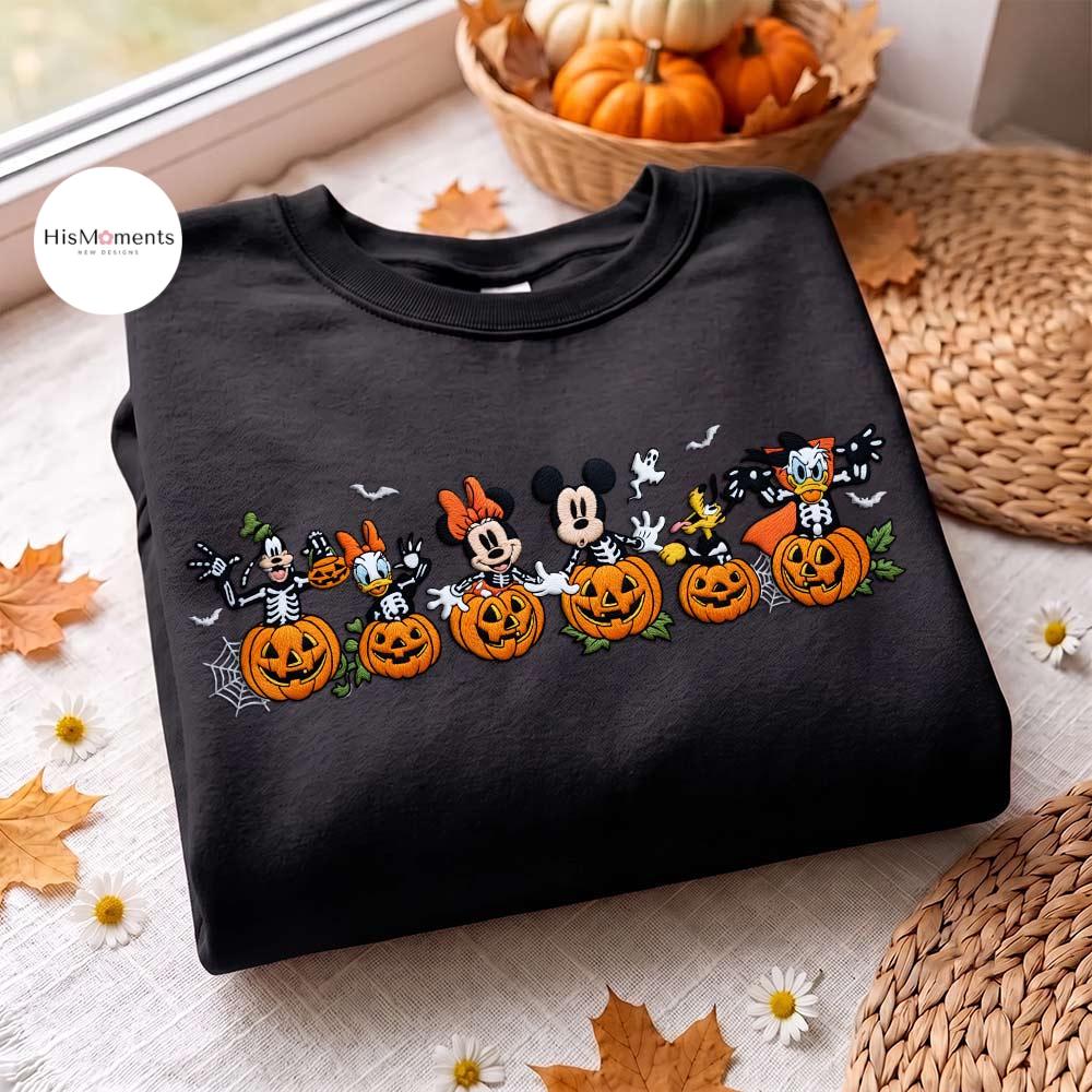 Embroidered Mickey and Friends Skeleton Pumpkin Sweatshirt and Lace Trim Tank Top – Disney Halloween Fall Autumn Vibes Crop Top - photo 5