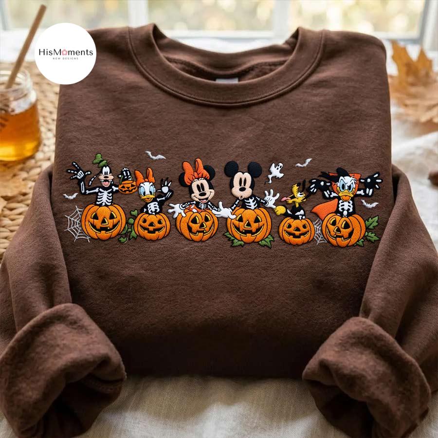 Embroidered Mickey and Friends Skeleton Pumpkin Sweatshirt and Lace Trim Tank Top – Disney Halloween Fall Autumn Vibes Crop Top - photo 6