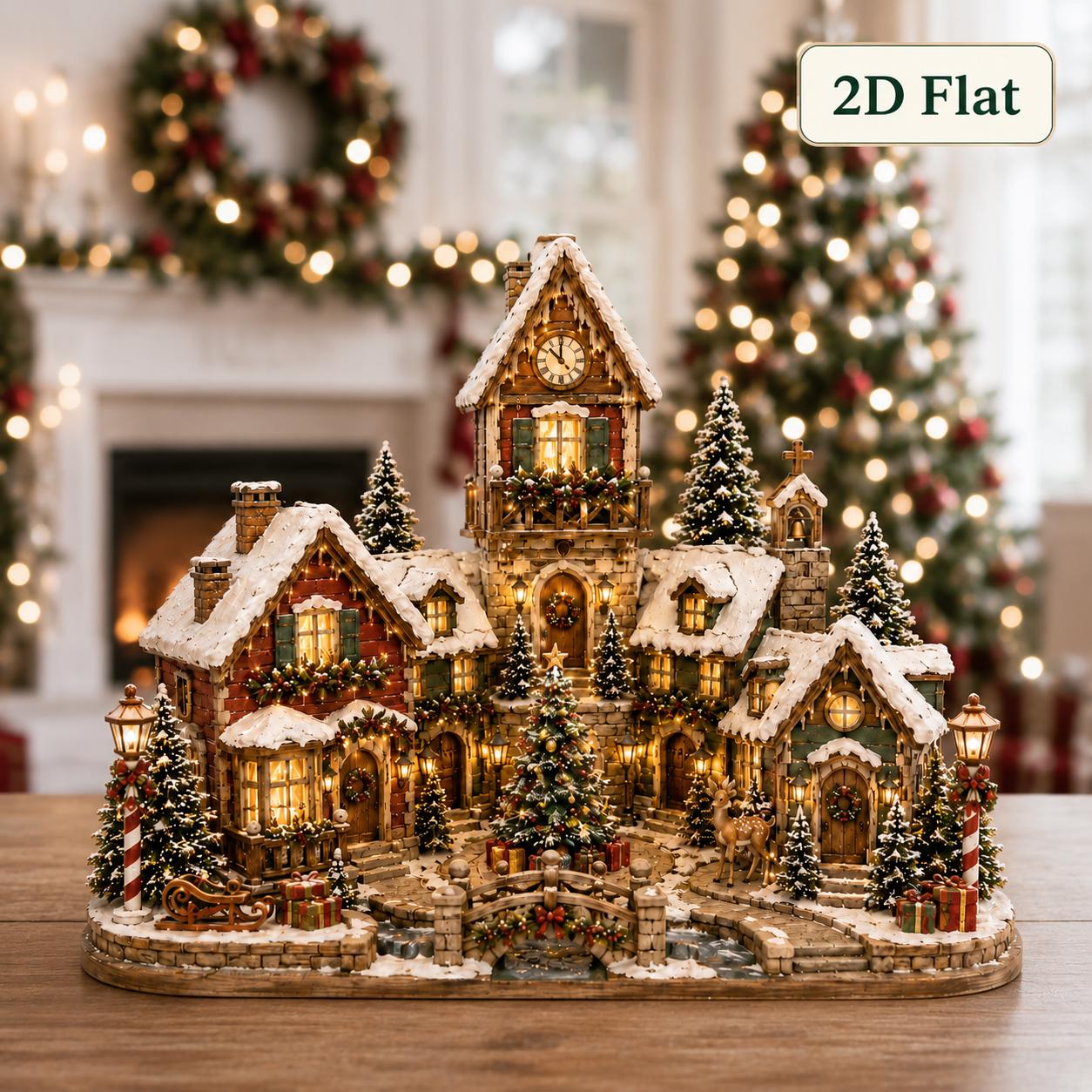 Christmas Village Wooden Block with 2D Flat Winter Cottage Sign for Holiday Shelf Decor and Family Christmas Gift