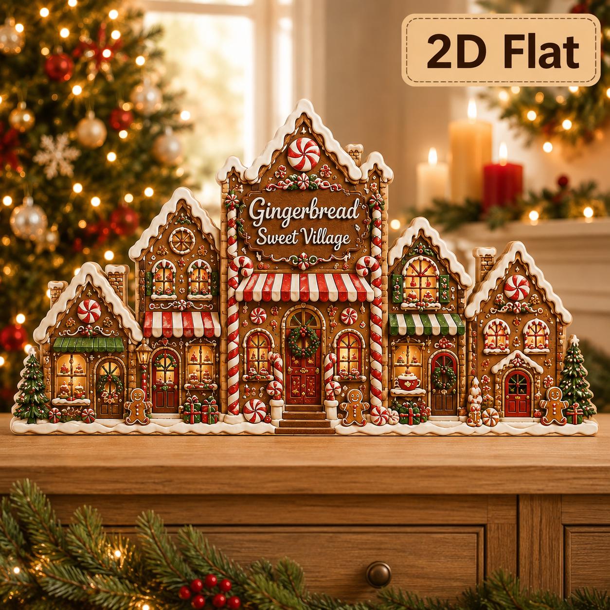 Gingerbread Christmas Village Wooden Block Decor with Cozy Holiday Mantel Decoration, Christmas Gift, and Candy Cane Bakery Tabletop Sign