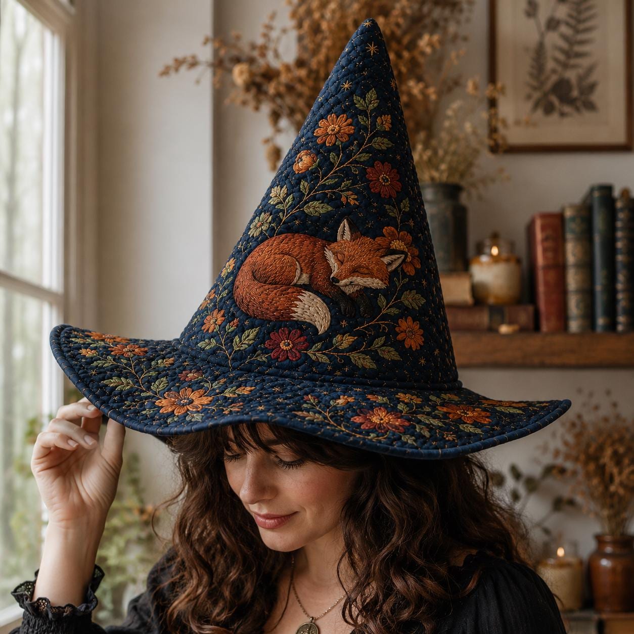 Quilted Witch Hat with Woodland Fox Decor, Embroidered Floral Halloween Design, and Cottagecore Fall Witch Decor