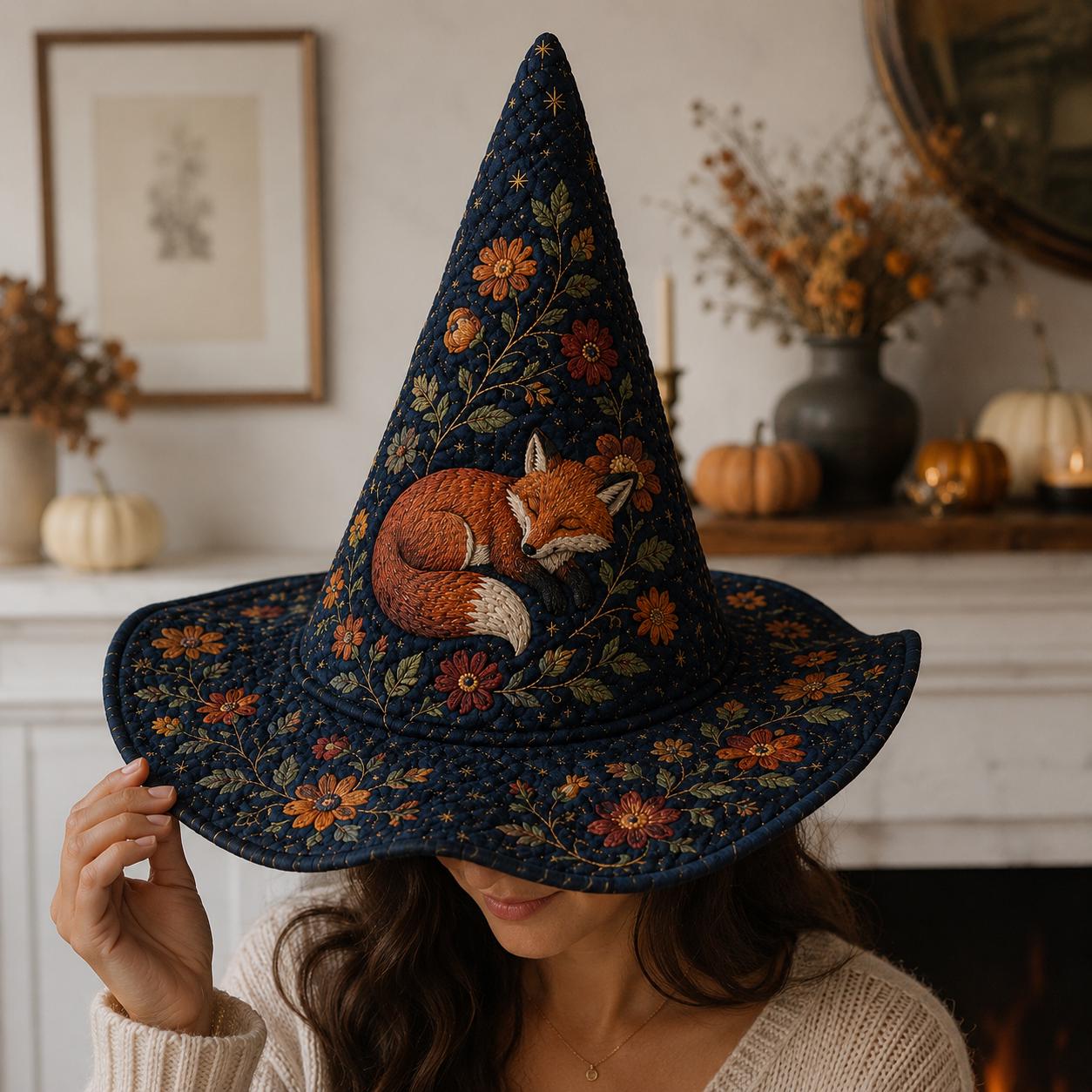 Quilted Witch Hat with Woodland Fox Decor, Embroidered Floral Halloween Design, and Cottagecore Fall Witch Decor - photo 2