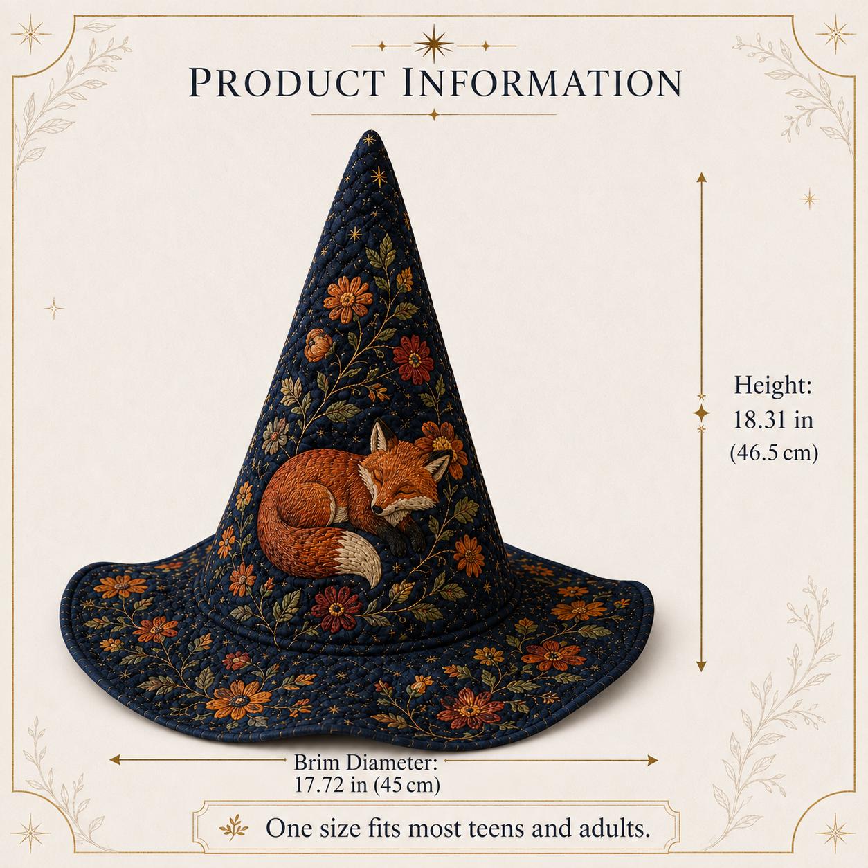 Quilted Witch Hat with Woodland Fox Decor, Embroidered Floral Halloween Design, and Cottagecore Fall Witch Decor - photo 3