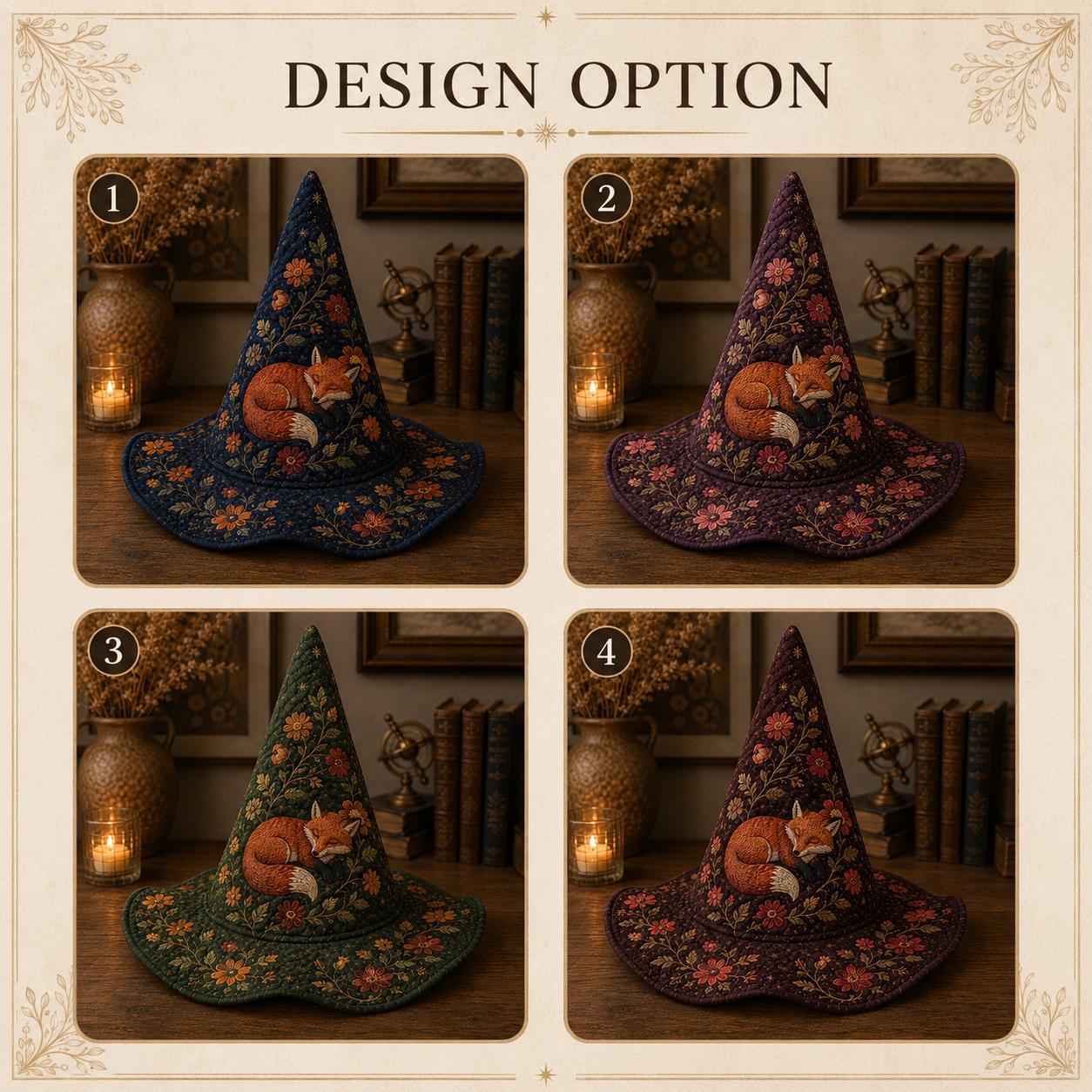 Quilted Witch Hat with Woodland Fox Decor, Embroidered Floral Halloween Design, and Cottagecore Fall Witch Decor - photo 4