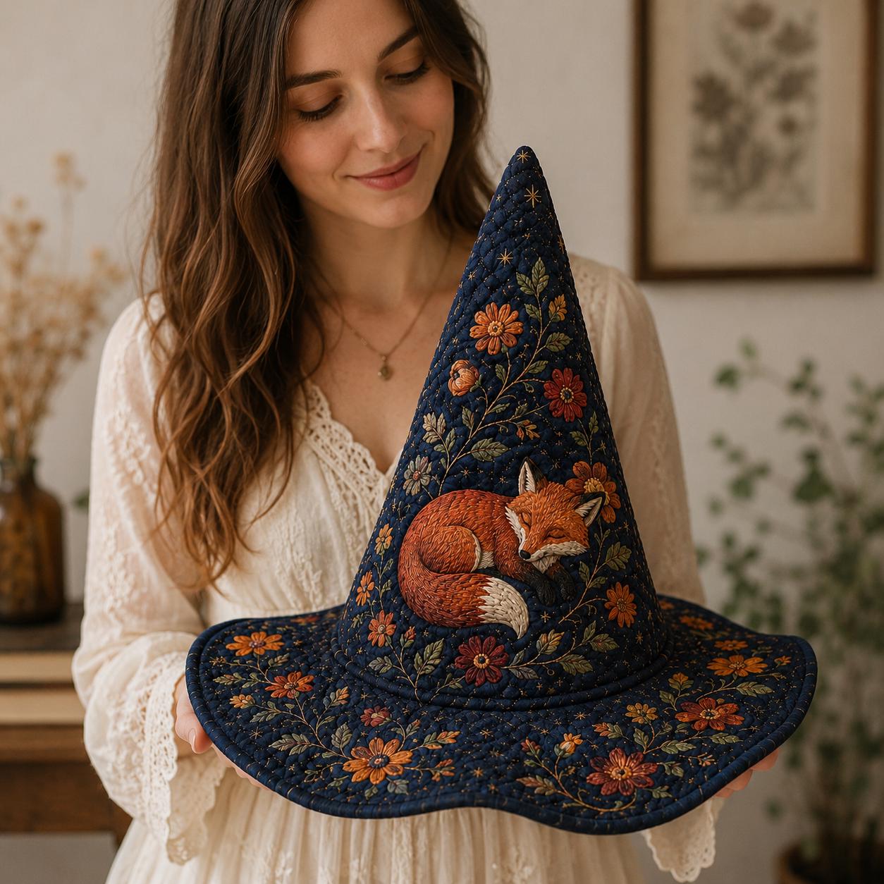 Quilted Witch Hat with Woodland Fox Decor, Embroidered Floral Halloween Design, and Cottagecore Fall Witch Decor - photo 5