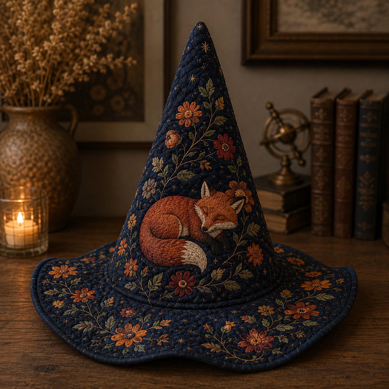 Quilted Witch Hat with Woodland Fox Decor, Embroidered Floral Halloween Design, and Cottagecore Fall Witch Decor - photo 6