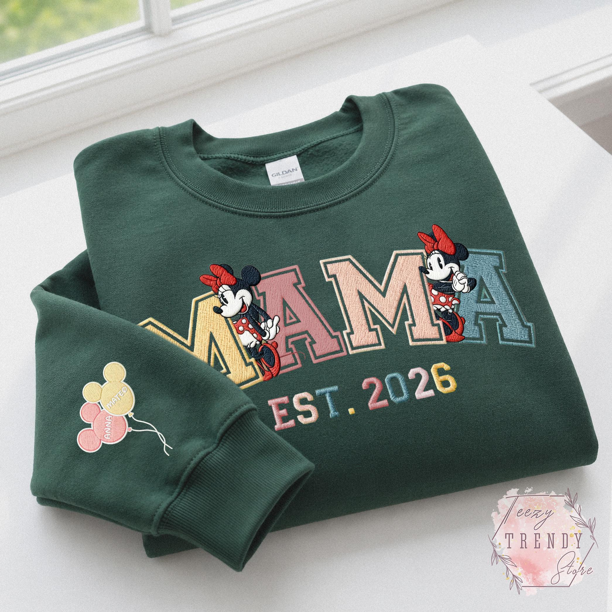Custom Embroidered Minnie Mama Sweatshirt With Kids Name on Sleeve – Magical Land Family Trip Mother's Day and Christmas Sweater Gift