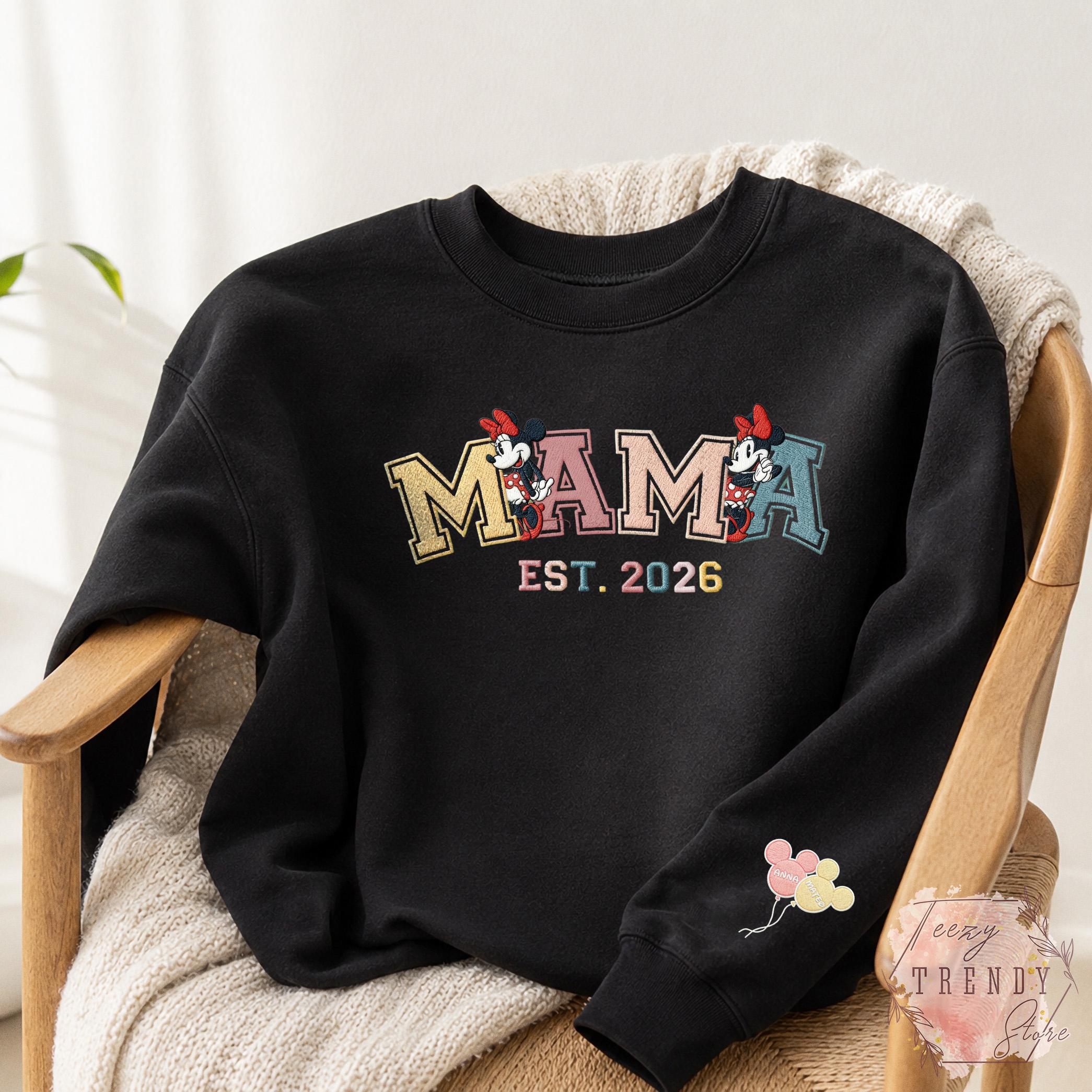 Custom Embroidered Minnie Mama Sweatshirt With Kids Name on Sleeve – Magical Land Family Trip Mother's Day and Christmas Sweater Gift - photo 2