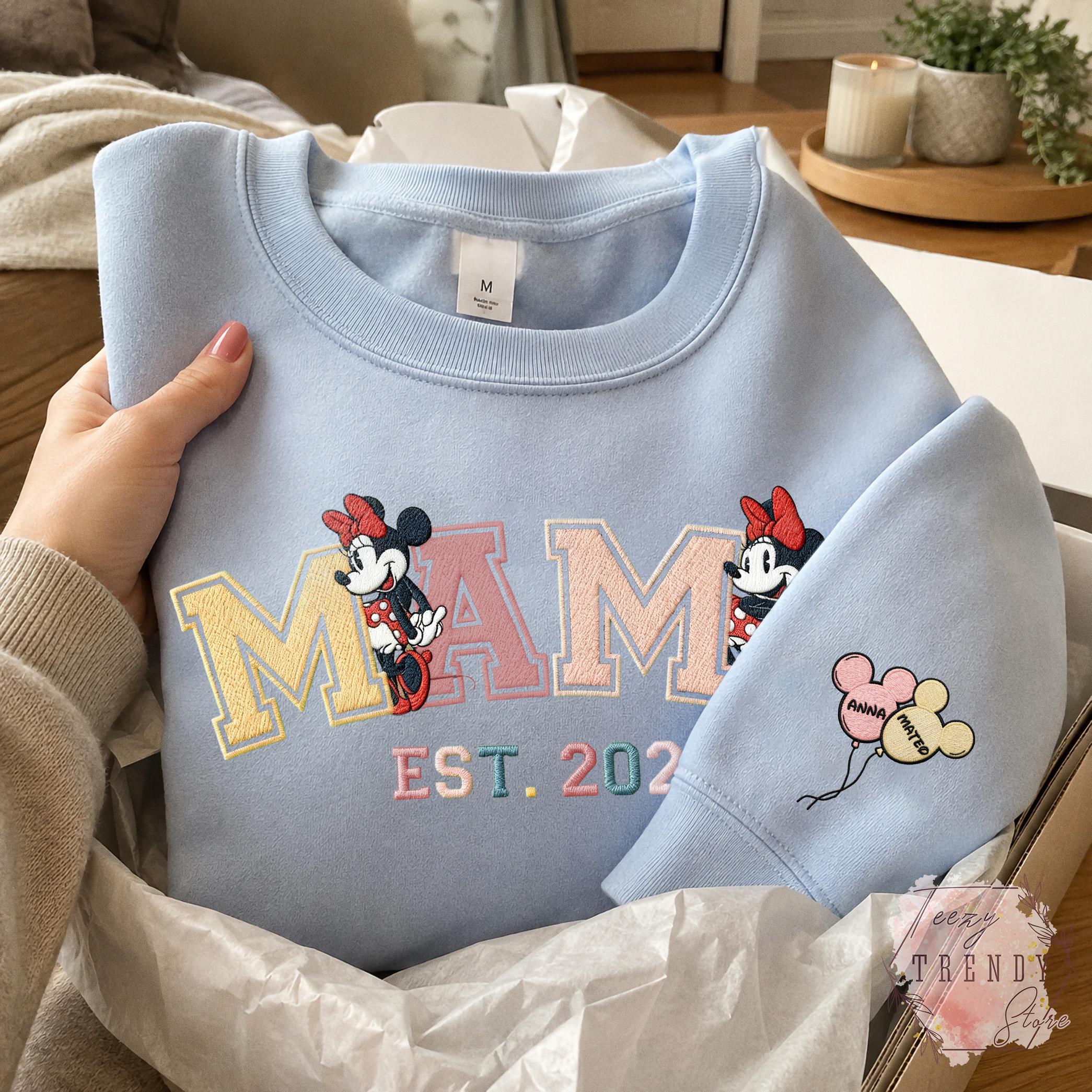 Custom Embroidered Minnie Mama Sweatshirt With Kids Name on Sleeve – Magical Land Family Trip Mother's Day and Christmas Sweater Gift - photo 3