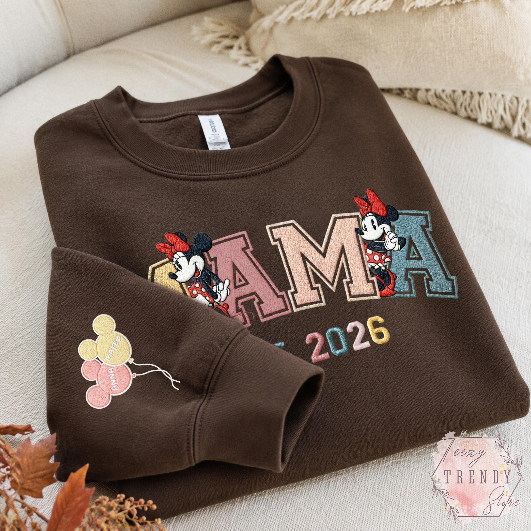 Custom Embroidered Minnie Mama Sweatshirt With Kids Name on Sleeve – Magical Land Family Trip Mother's Day and Christmas Sweater Gift - photo 4