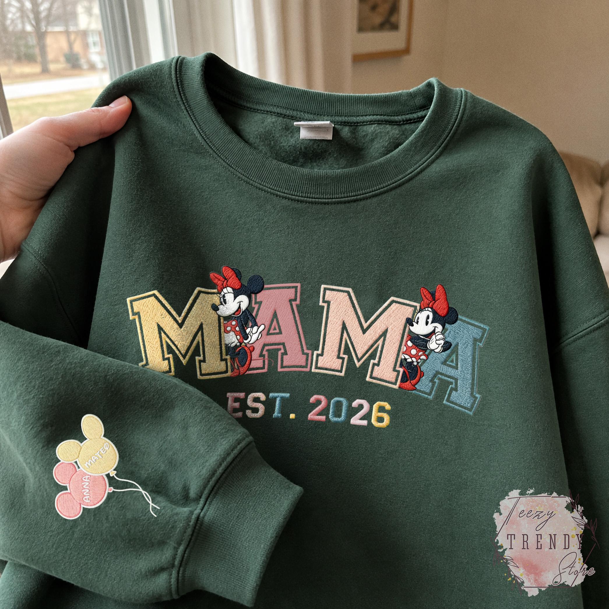 Custom Embroidered Minnie Mama Sweatshirt With Kids Name on Sleeve – Magical Land Family Trip Mother's Day and Christmas Sweater Gift - photo 5