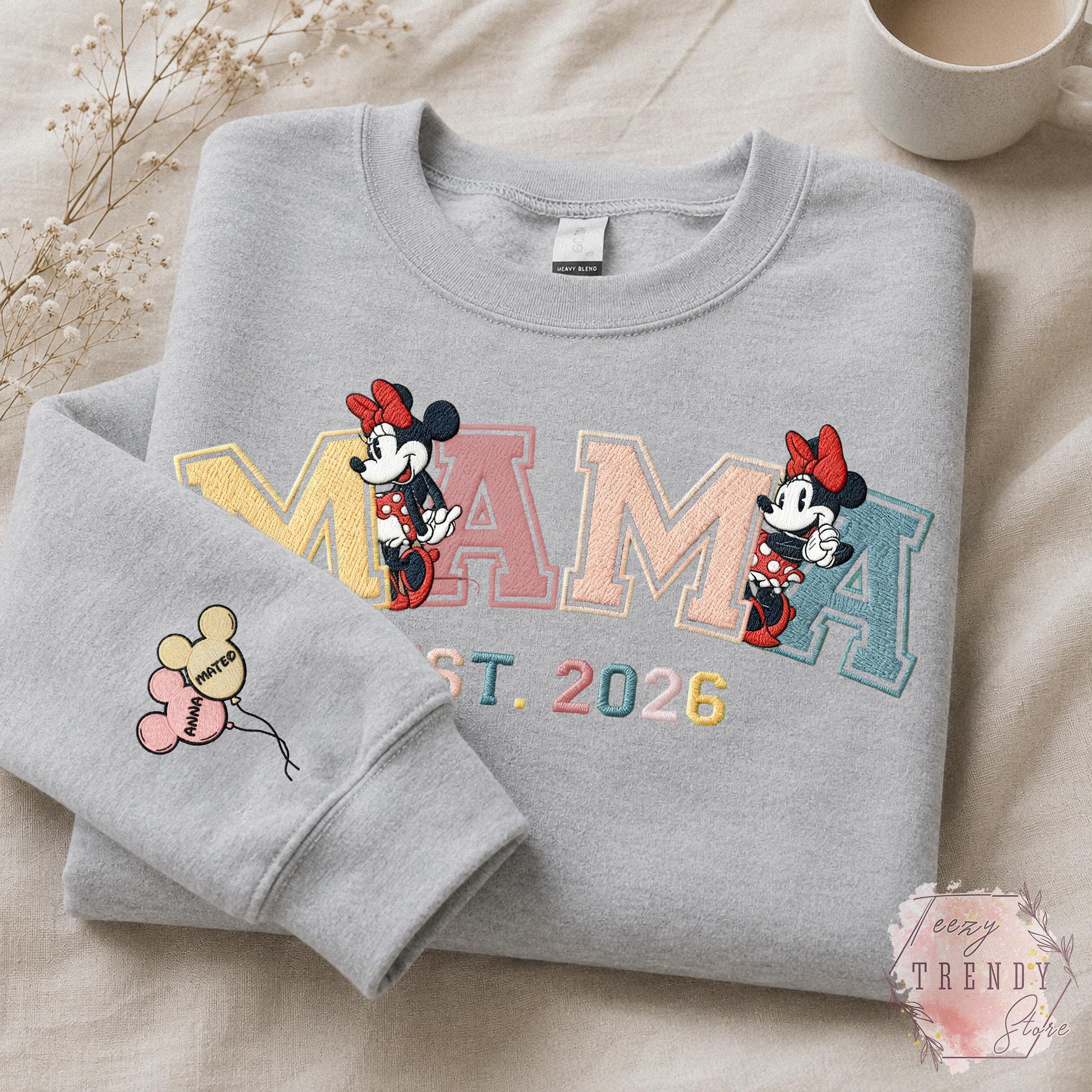 Custom Embroidered Minnie Mama Sweatshirt With Kids Name on Sleeve – Magical Land Family Trip Mother's Day and Christmas Sweater Gift - photo 7