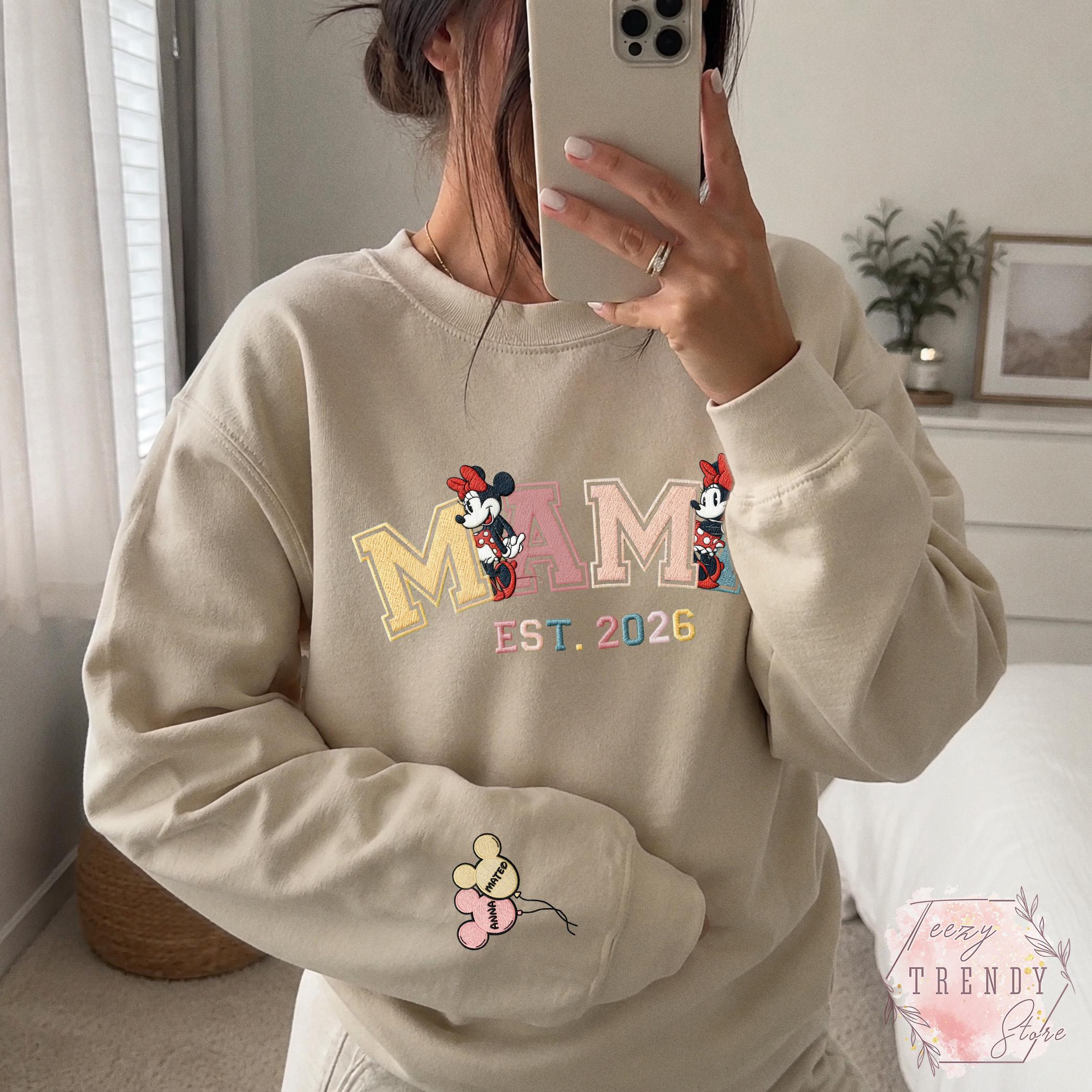 Custom Embroidered Minnie Mama Sweatshirt With Kids Name on Sleeve – Magical Land Family Trip Mother's Day and Christmas Sweater Gift - photo 9