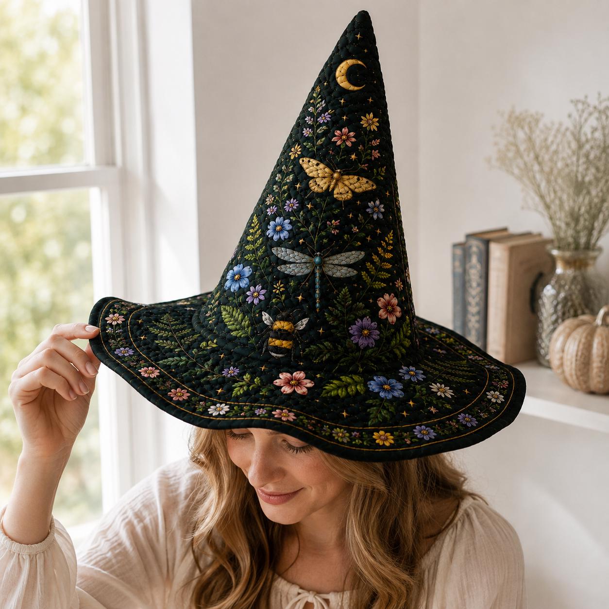 Quilted Witch Hat with Floral Dragonfly Decor, Cottagecore Halloween Design, and Embroidered Moon Garden Witch Decor