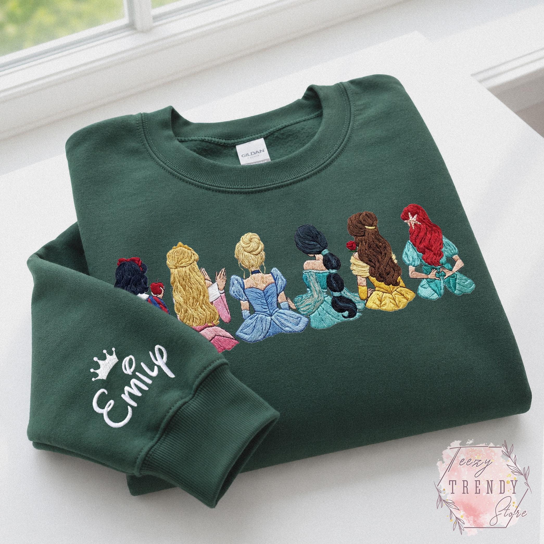 Personalized Princess Embroidered Sweatshirt With Custom Name on Sleeve – Fairytale Magic Kingdom Disney Girls Trip Shirt and Tee