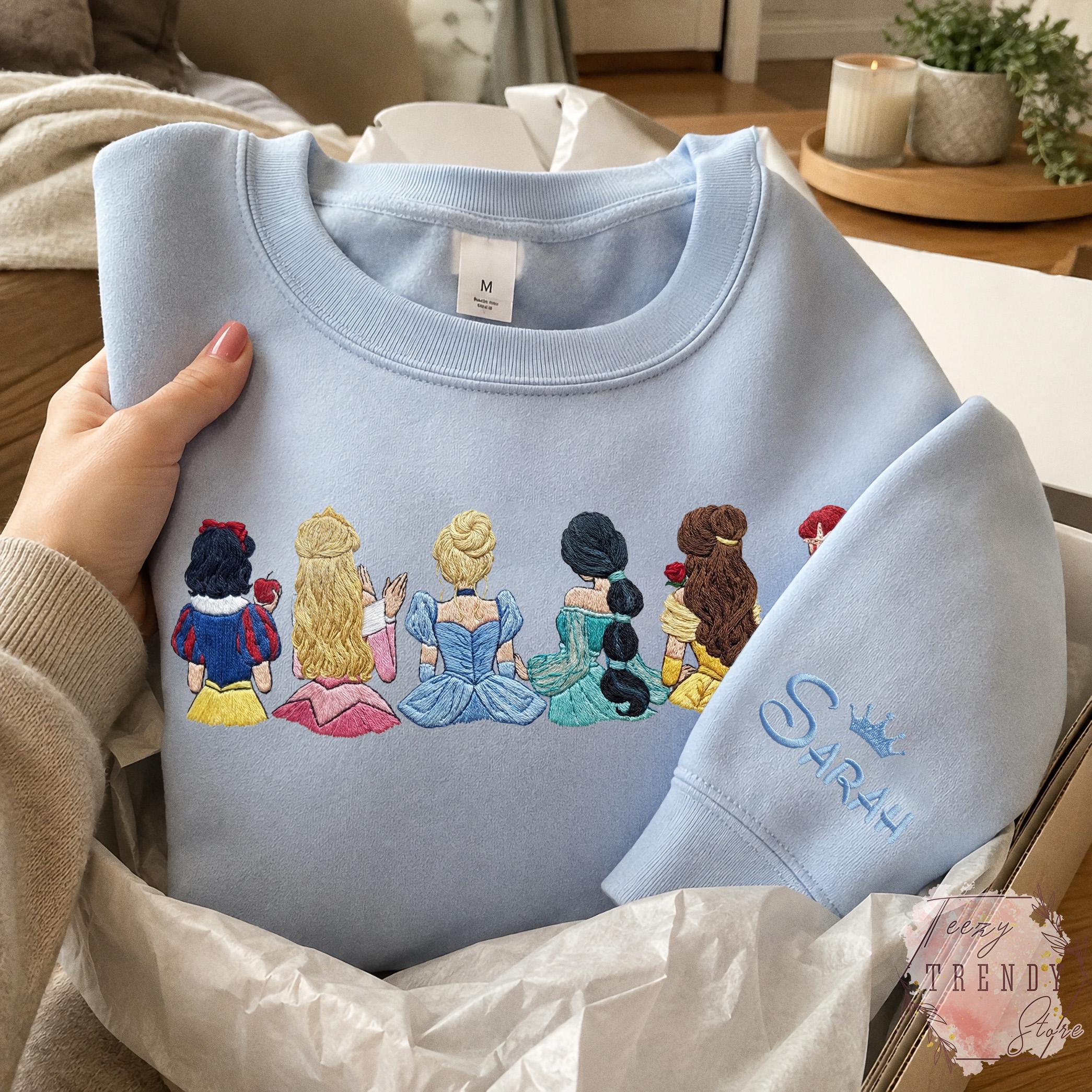 Personalized Princess Embroidered Sweatshirt With Custom Name on Sleeve – Fairytale Magic Kingdom Disney Girls Trip Shirt and Tee - photo 2