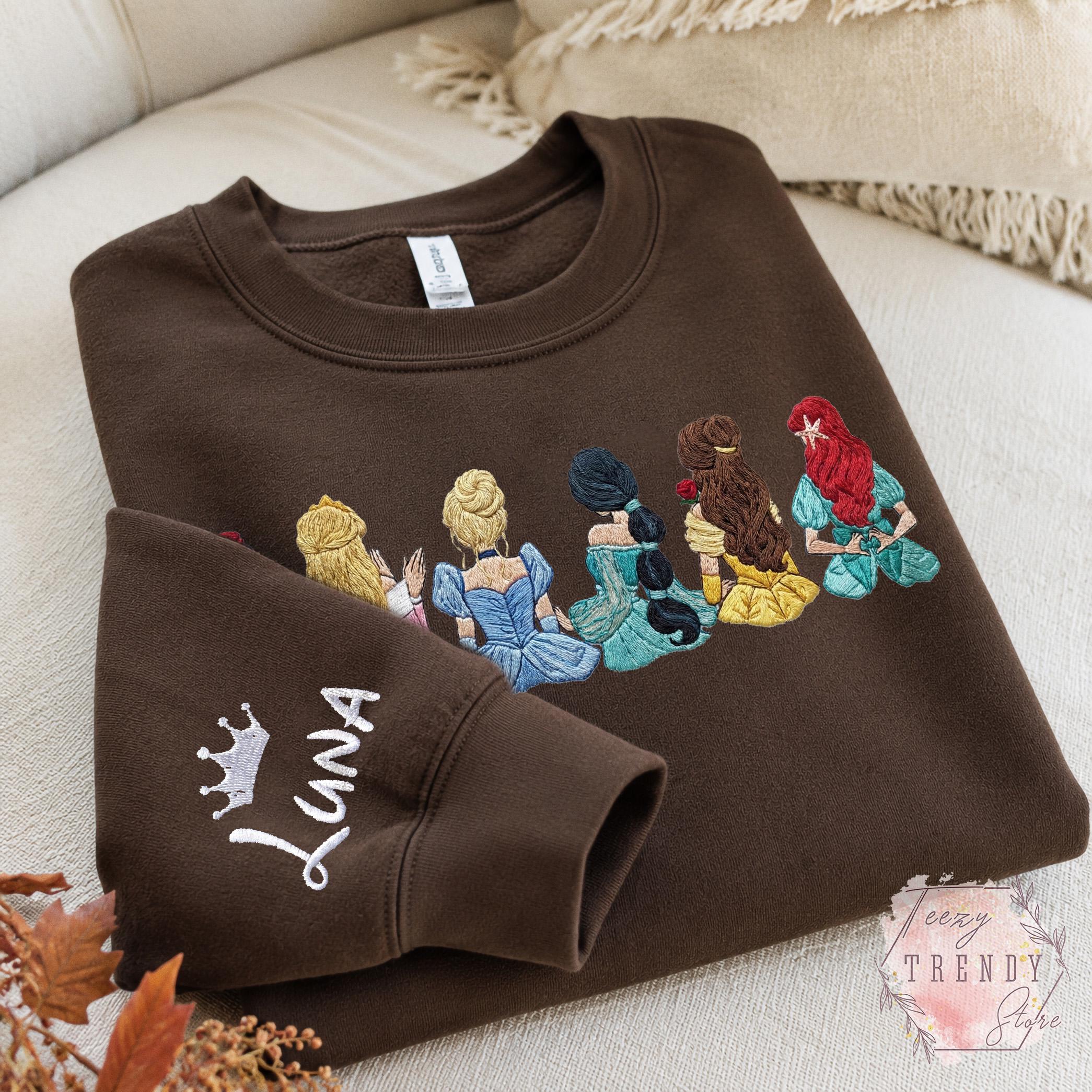 Personalized Princess Embroidered Sweatshirt With Custom Name on Sleeve – Fairytale Magic Kingdom Disney Girls Trip Shirt and Tee - photo 3