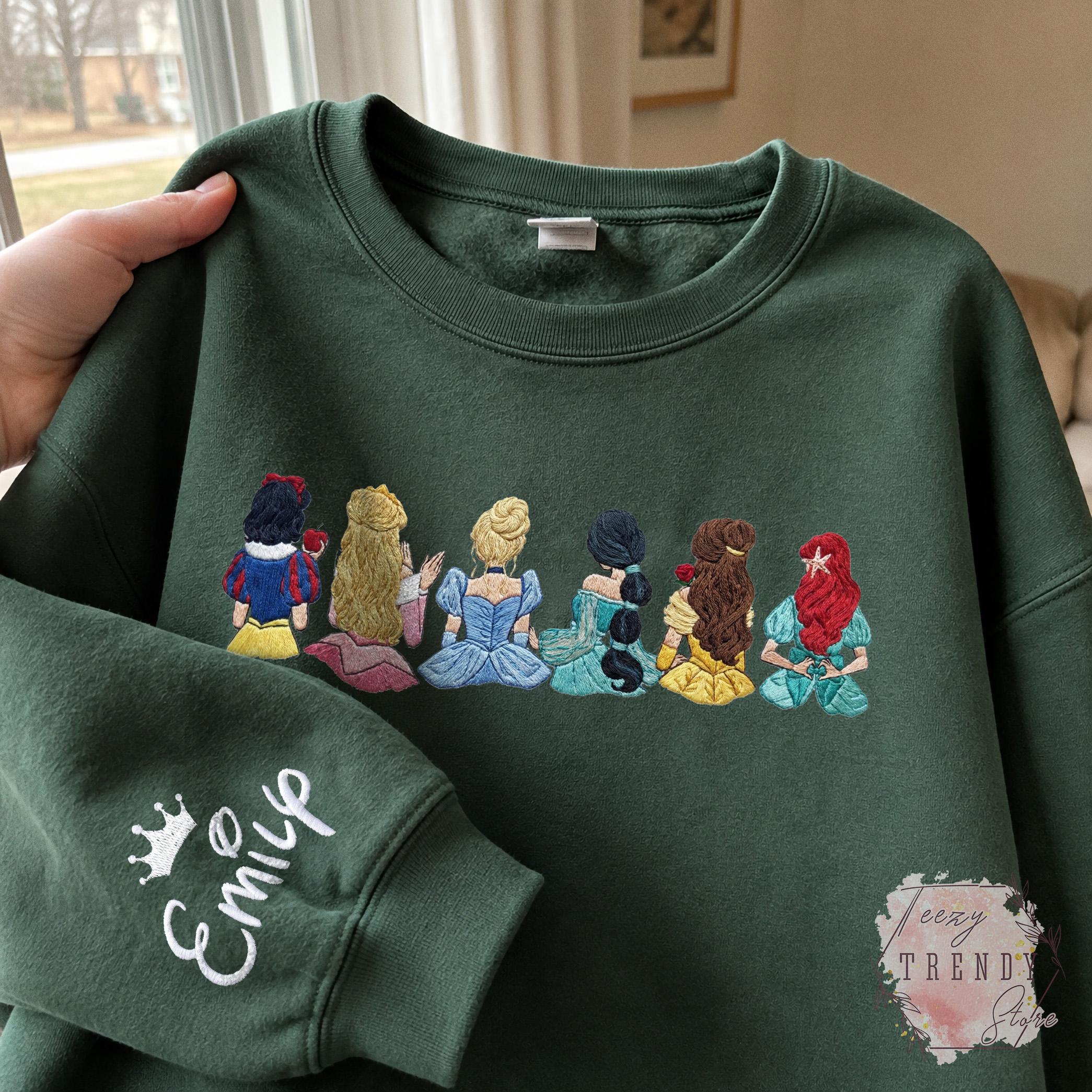 Personalized Princess Embroidered Sweatshirt With Custom Name on Sleeve – Fairytale Magic Kingdom Disney Girls Trip Shirt and Tee - photo 4