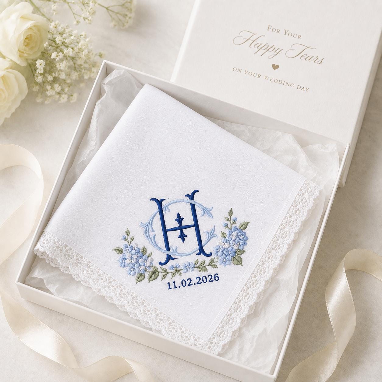 Embroidered Monogram Wedding Handkerchief with Personalized Couple Initial Date Hankie and Custom Floral Lace Bridal Keepsake for Bride Groom Gift