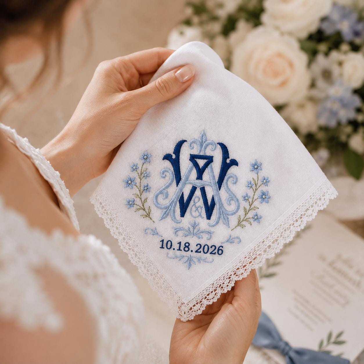 Embroidered Monogram Wedding Handkerchief with Personalized Couple Initial Date Hankie and Custom Floral Lace Bridal Keepsake for Bride Groom Gift - photo 2