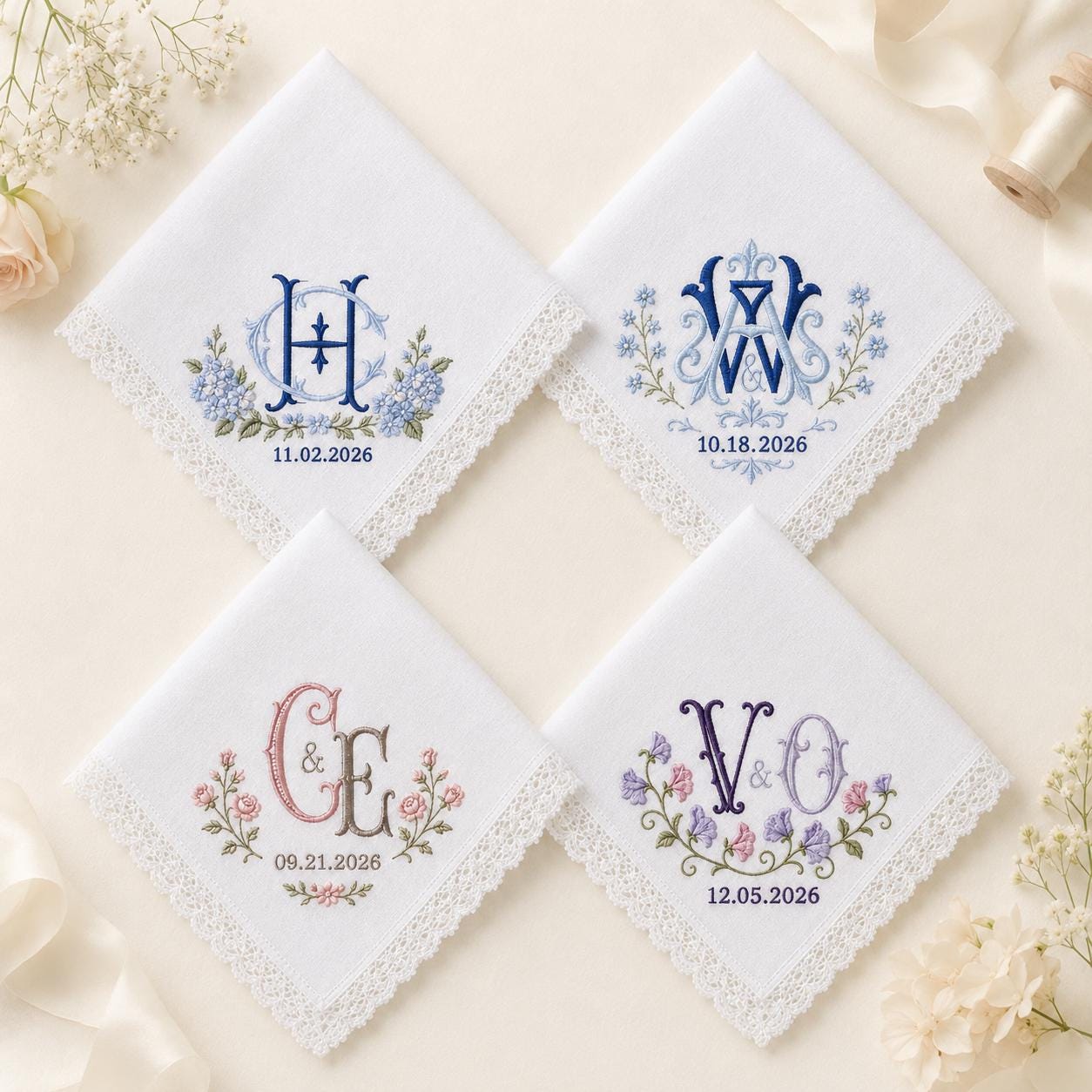 Embroidered Monogram Wedding Handkerchief with Personalized Couple Initial Date Hankie and Custom Floral Lace Bridal Keepsake for Bride Groom Gift - photo 3