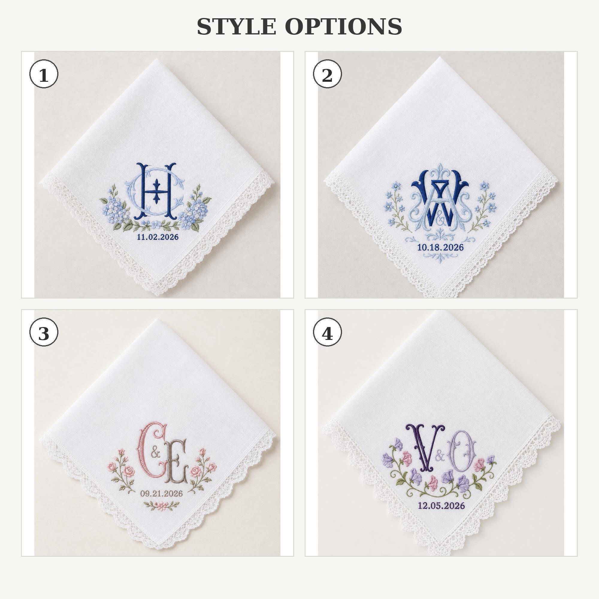 Embroidered Monogram Wedding Handkerchief with Personalized Couple Initial Date Hankie and Custom Floral Lace Bridal Keepsake for Bride Groom Gift - photo 4