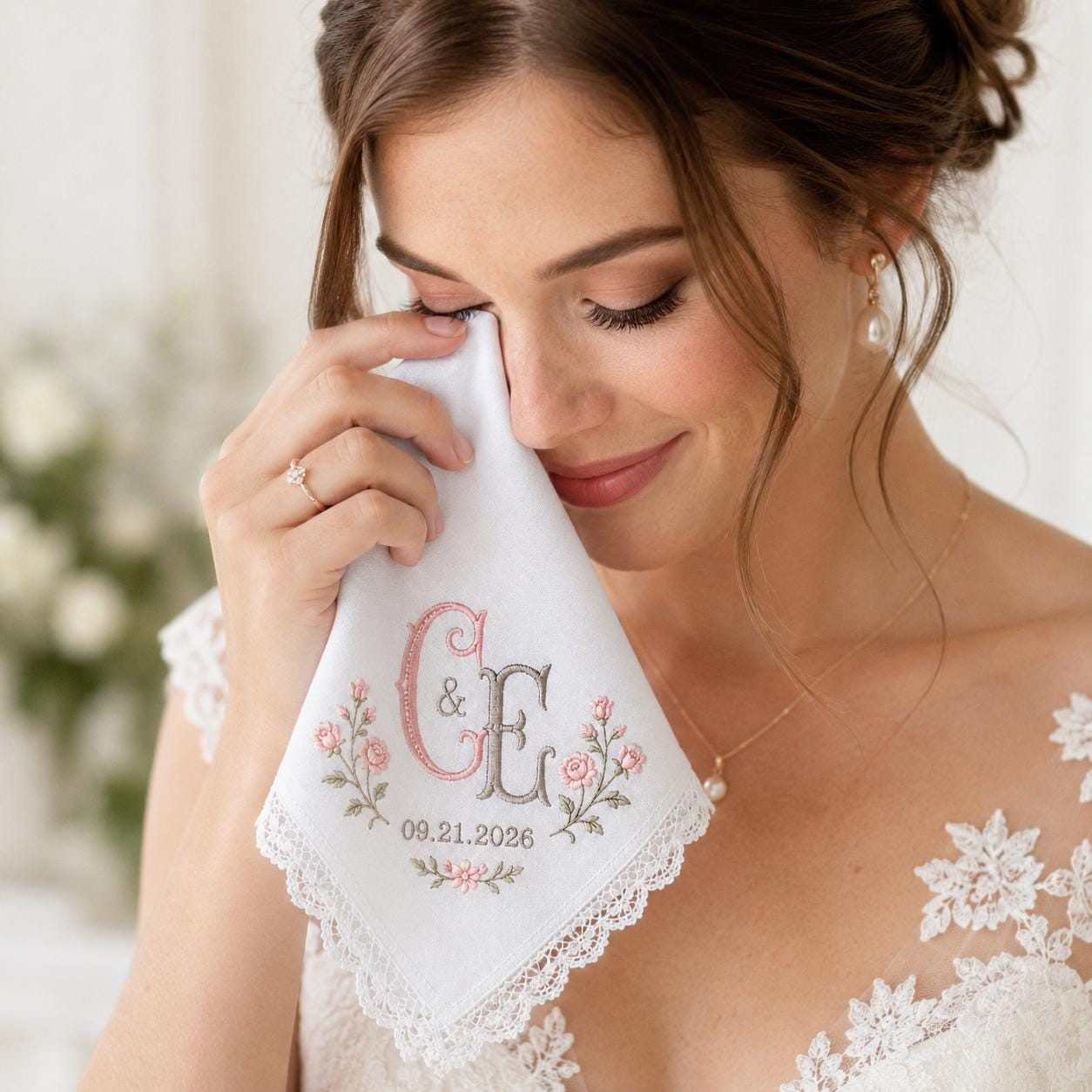 Embroidered Monogram Wedding Handkerchief with Personalized Couple Initial Date Hankie and Custom Floral Lace Bridal Keepsake for Bride Groom Gift - photo 8