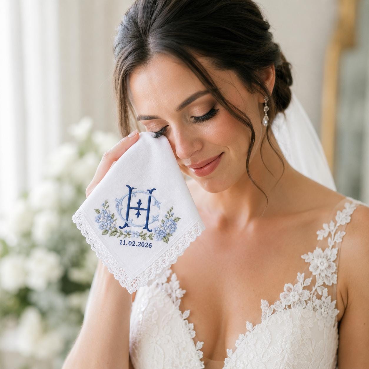 Embroidered Monogram Wedding Handkerchief with Personalized Couple Initial Date Hankie and Custom Floral Lace Bridal Keepsake for Bride Groom Gift - photo 10