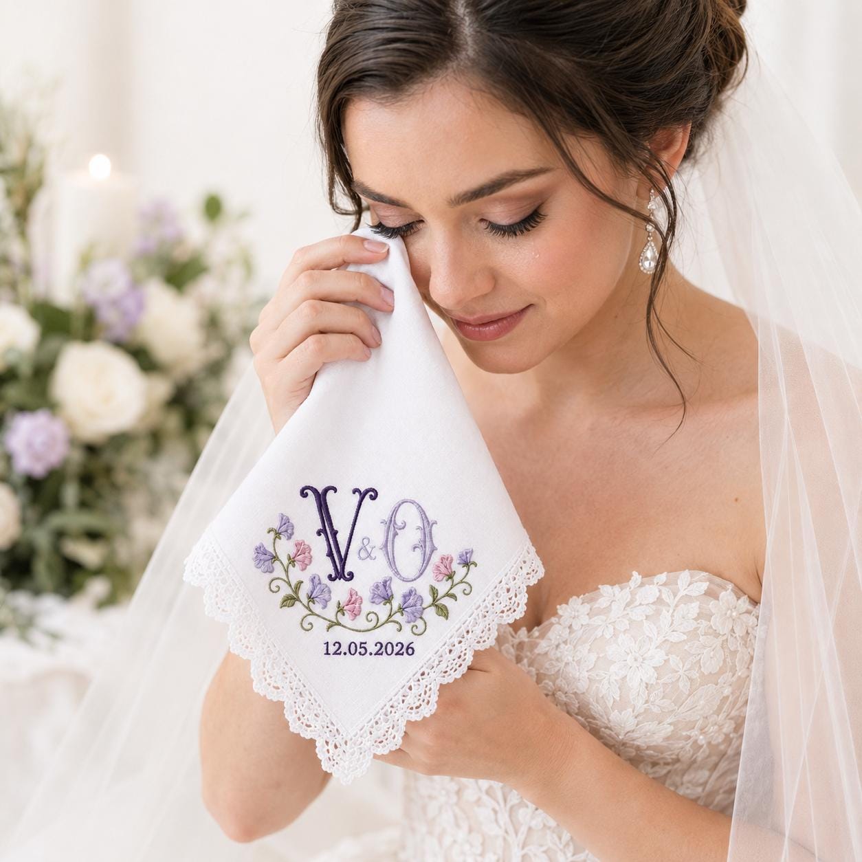 Embroidered Monogram Wedding Handkerchief with Personalized Couple Initial Date Hankie and Custom Floral Lace Bridal Keepsake for Bride Groom Gift - photo 11