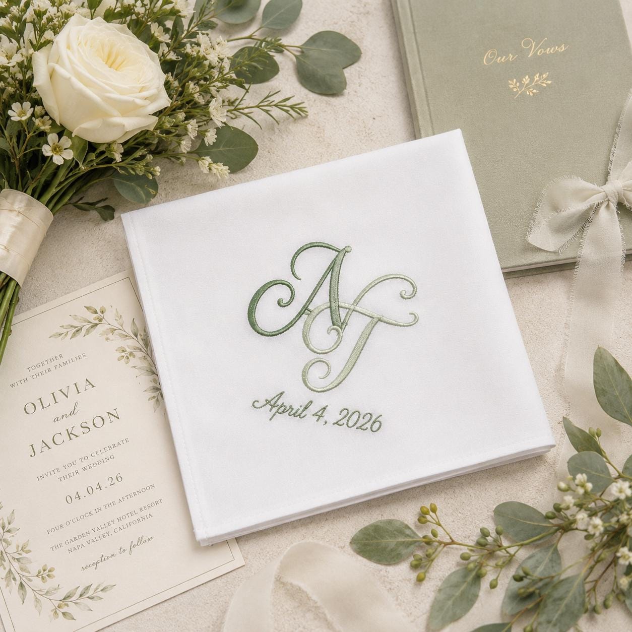 Embroidered Wedding Handkerchief with Custom Couple Monogram Hankie and Personalized Initial Date Floral Bridal Gift
