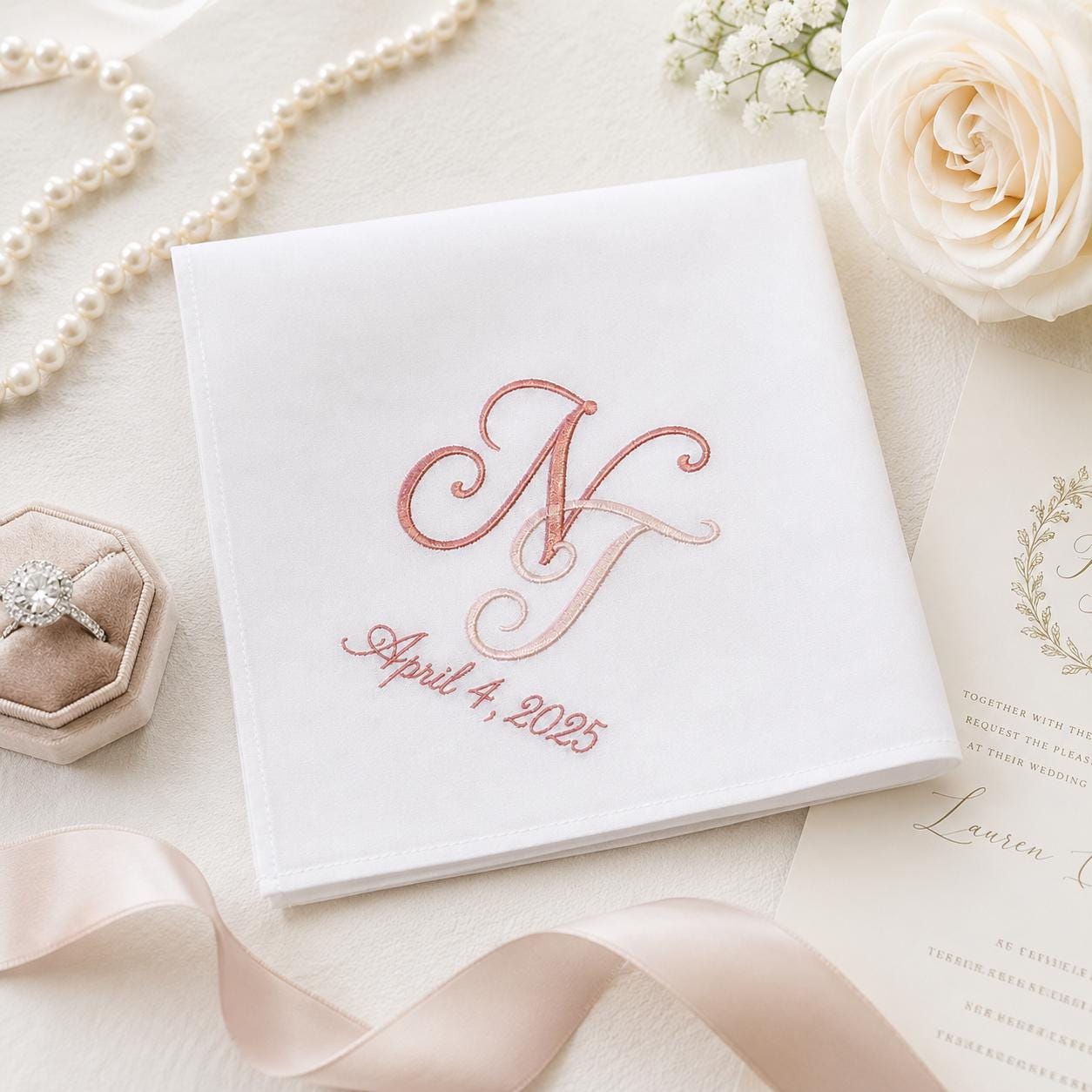 Embroidered Wedding Handkerchief with Custom Couple Monogram Hankie and Personalized Initial Date Floral Bridal Gift - photo 2