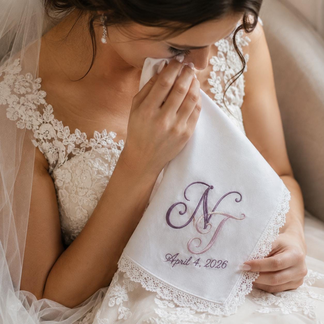 Embroidered Wedding Handkerchief with Custom Couple Monogram Hankie and Personalized Initial Date Floral Bridal Gift - photo 3