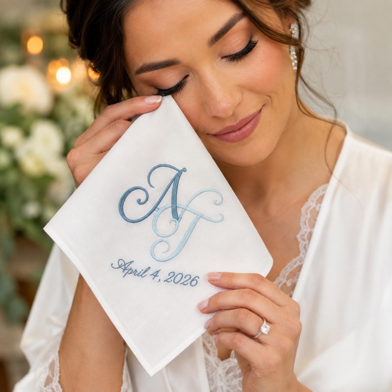 Embroidered Wedding Handkerchief with Custom Couple Monogram Hankie and Personalized Initial Date Floral Bridal Gift - photo 4