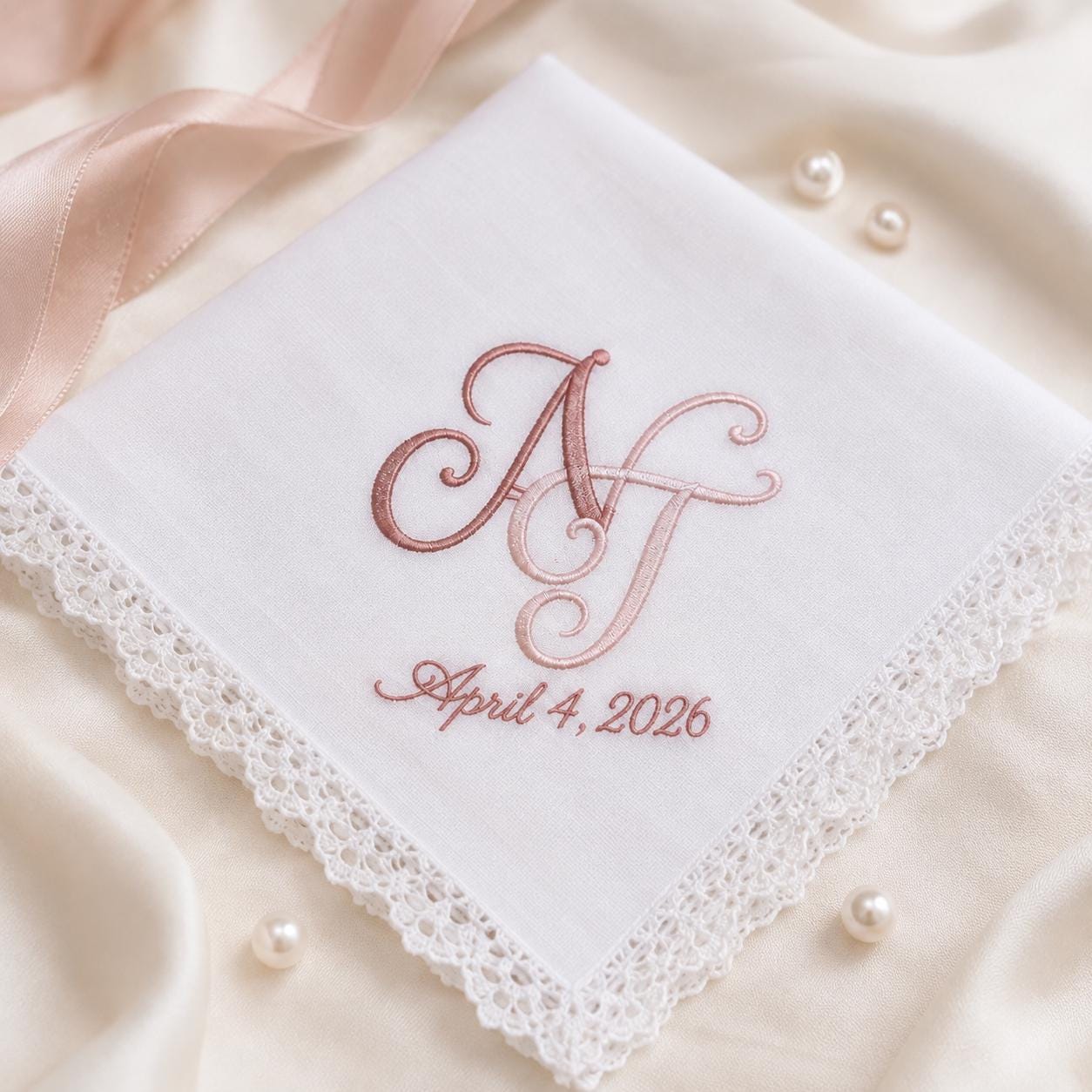 Embroidered Wedding Handkerchief with Custom Couple Monogram Hankie and Personalized Initial Date Floral Bridal Gift - photo 8