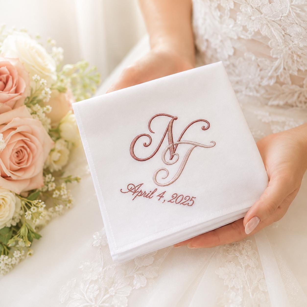 Embroidered Wedding Handkerchief with Custom Couple Monogram Hankie and Personalized Initial Date Floral Bridal Gift - photo 10