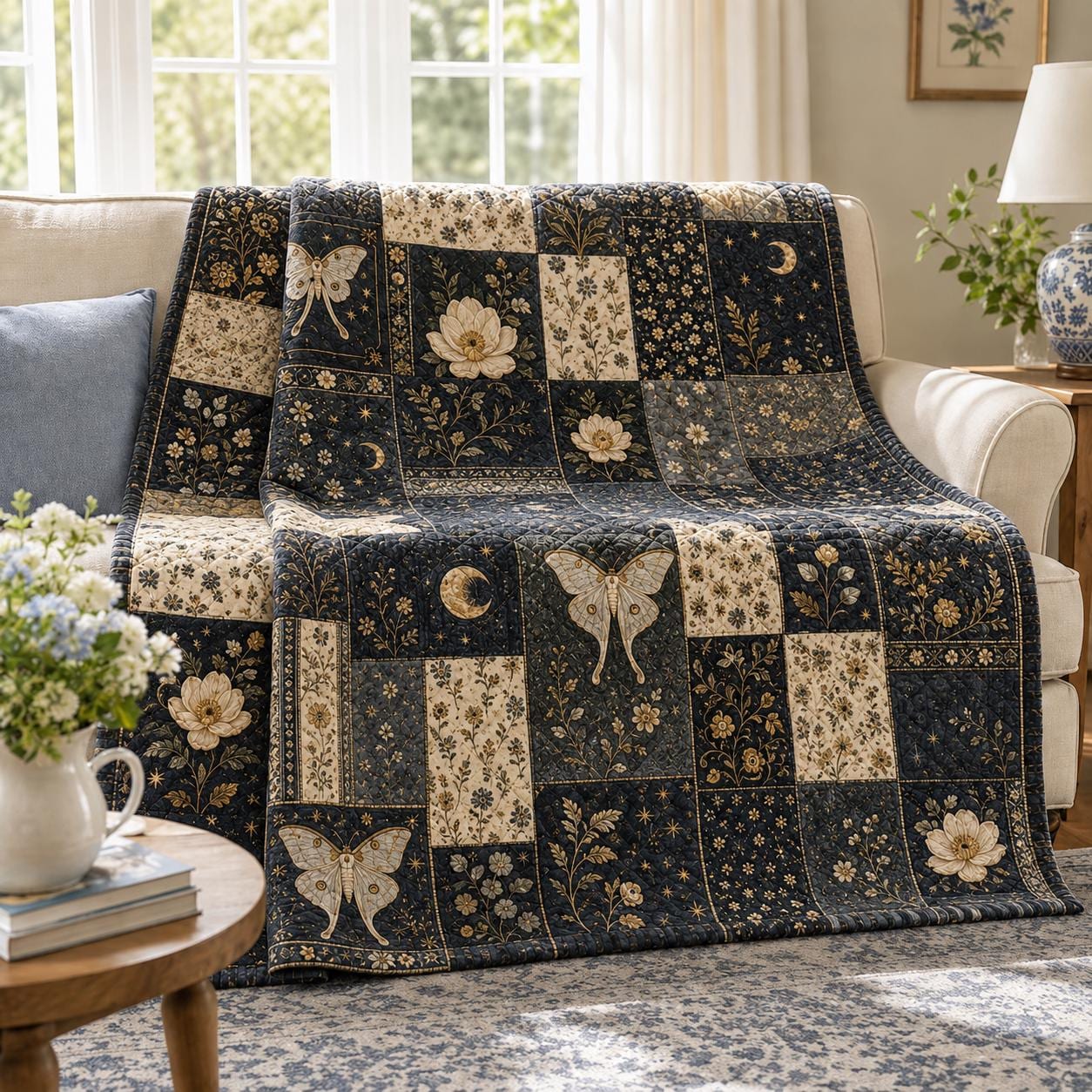 Moon Moth Blanket with Dark Cottagecore Patchwork Throw, Celestial Floral Design, Gothic Botanical Bedding, and Cozy Quilt Style