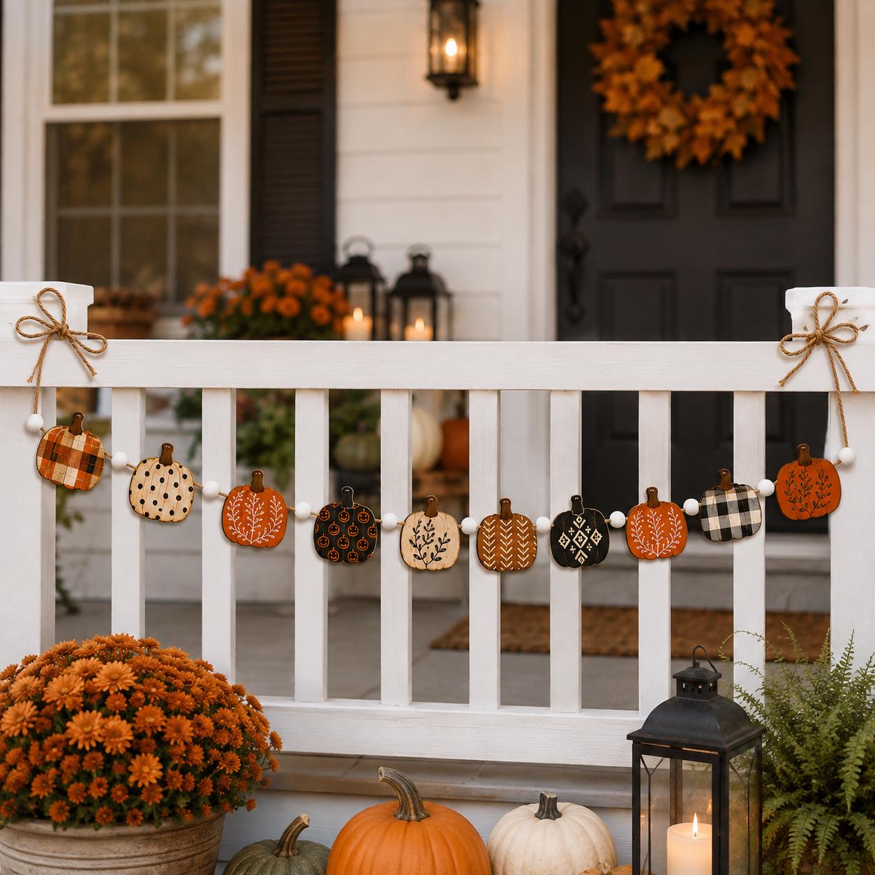 Wooden Fall Garland and Rustic Pumpkin Acorn Banner – Autumn Farmhouse Fireplace Hanging Home Decoration and Thanksgiving Mantel Decor