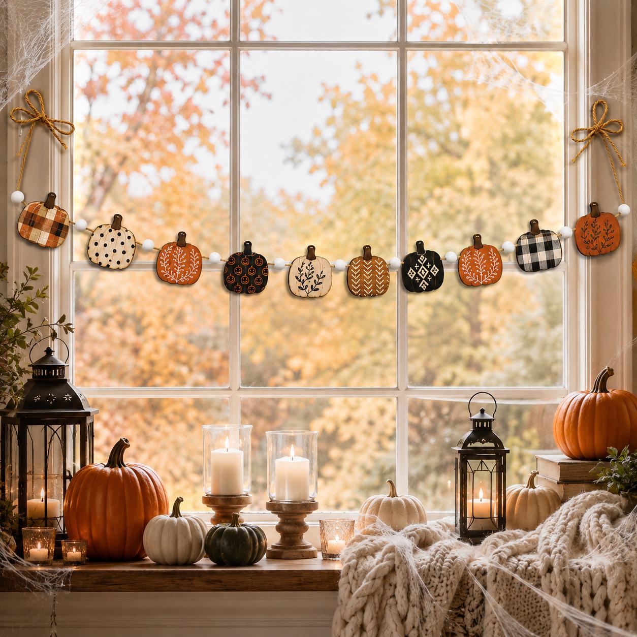 Wooden Fall Garland and Rustic Pumpkin Acorn Banner – Autumn Farmhouse Fireplace Hanging Home Decoration and Thanksgiving Mantel Decor - photo 6
