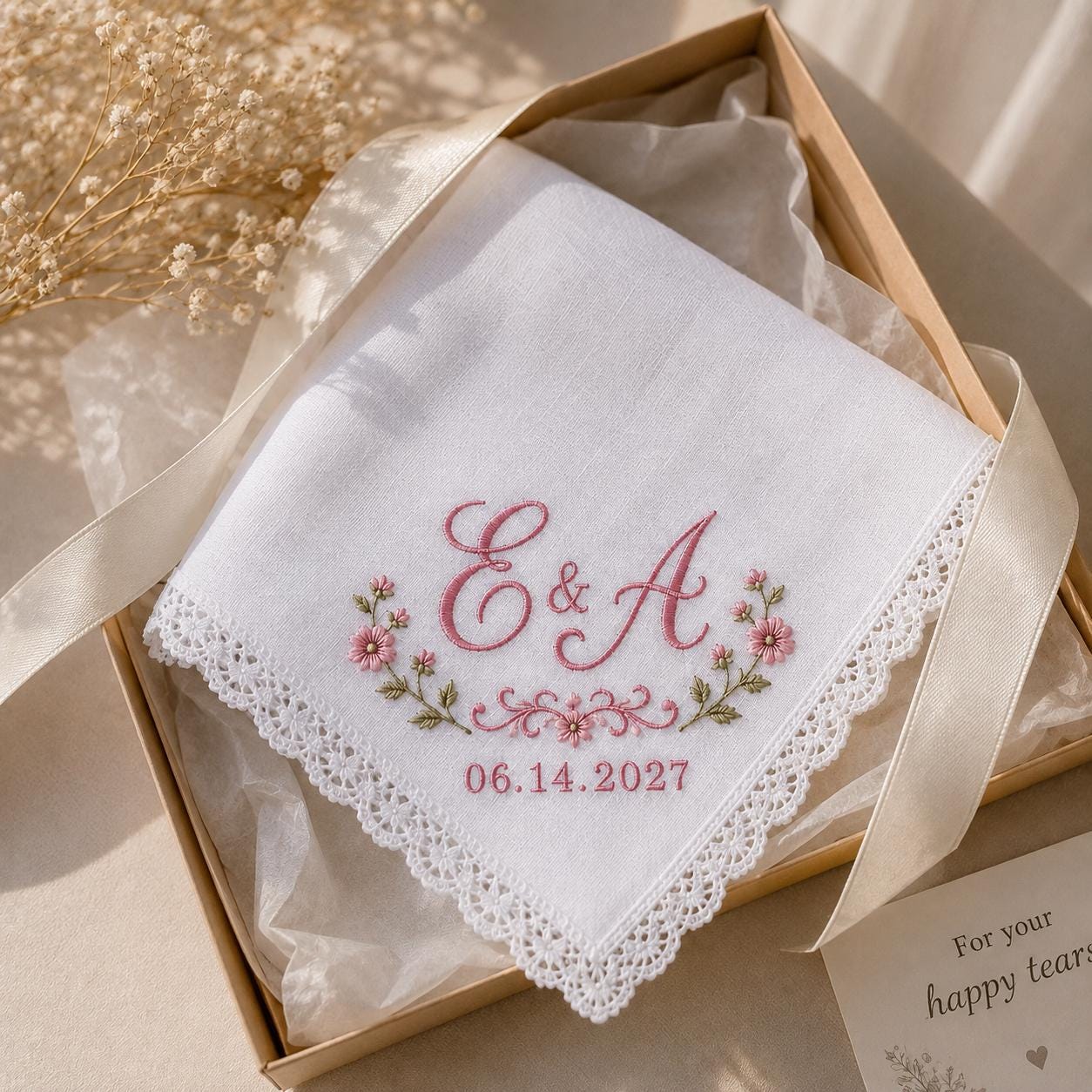 Embroidered Monogram Wedding Handkerchief with Personalized Couple Initial Date Hankie for Custom Floral Lace Bridal Keepsake Gift