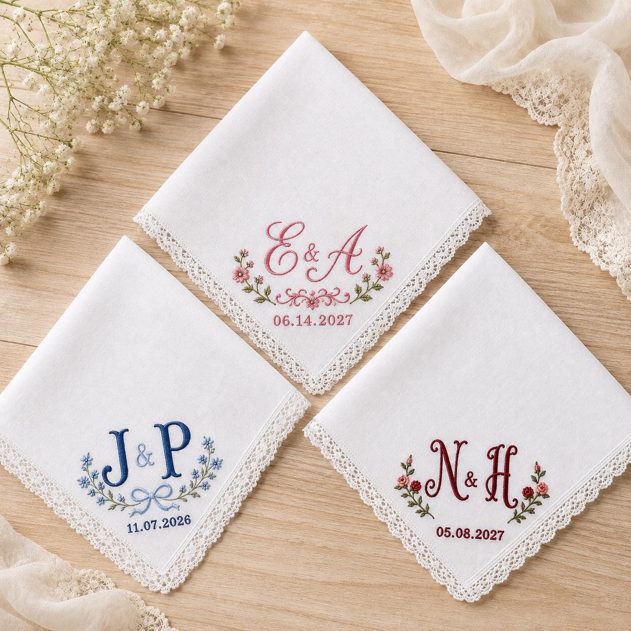 Embroidered Monogram Wedding Handkerchief with Personalized Couple Initial Date Hankie for Custom Floral Lace Bridal Keepsake Gift - photo 2