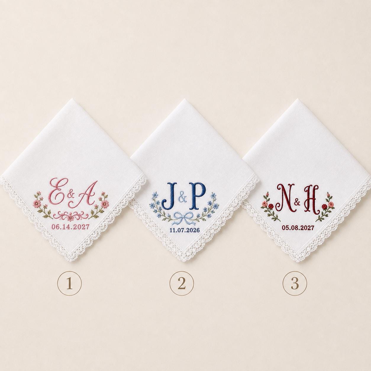 Embroidered Monogram Wedding Handkerchief with Personalized Couple Initial Date Hankie for Custom Floral Lace Bridal Keepsake Gift - photo 3