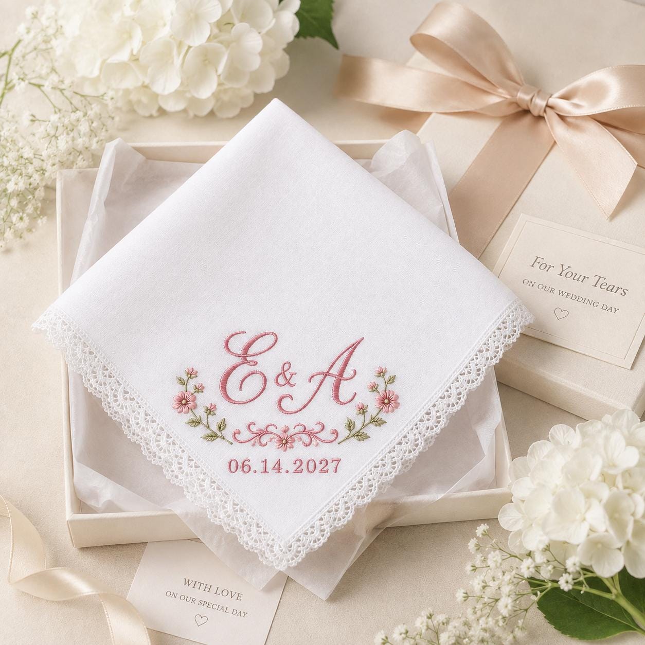 Embroidered Monogram Wedding Handkerchief with Personalized Couple Initial Date Hankie for Custom Floral Lace Bridal Keepsake Gift - photo 7