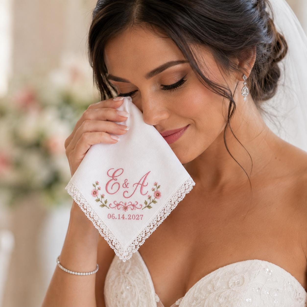 Embroidered Monogram Wedding Handkerchief with Personalized Couple Initial Date Hankie for Custom Floral Lace Bridal Keepsake Gift - photo 8