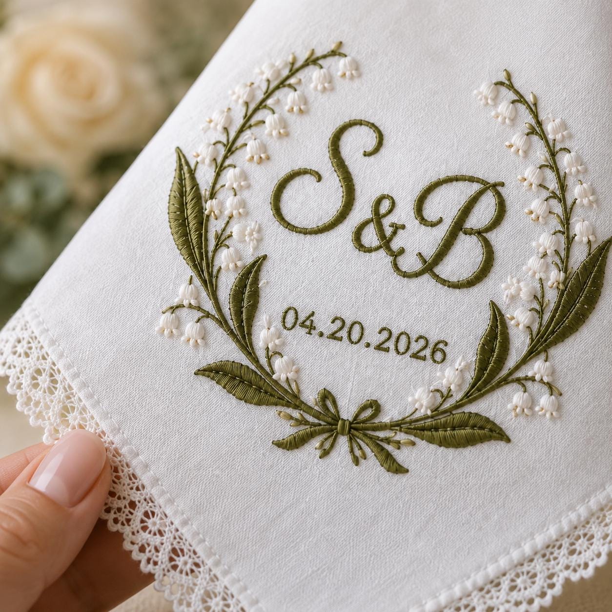 Personalized Embroidered Wedding Handkerchief Hankie with Couple Initial Date, Lily Of The Valley Lace Bridal Keepsake Happy Tears Gift