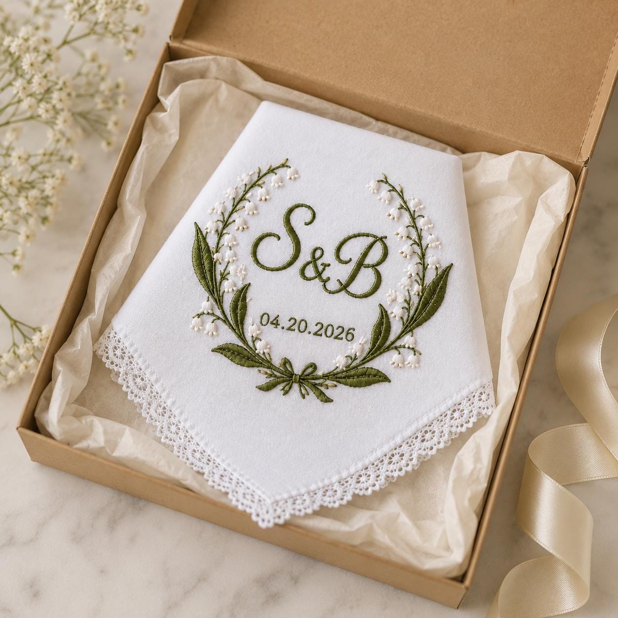 Personalized Embroidered Wedding Handkerchief Hankie with Couple Initial Date, Lily Of The Valley Lace Bridal Keepsake Happy Tears Gift - photo 2