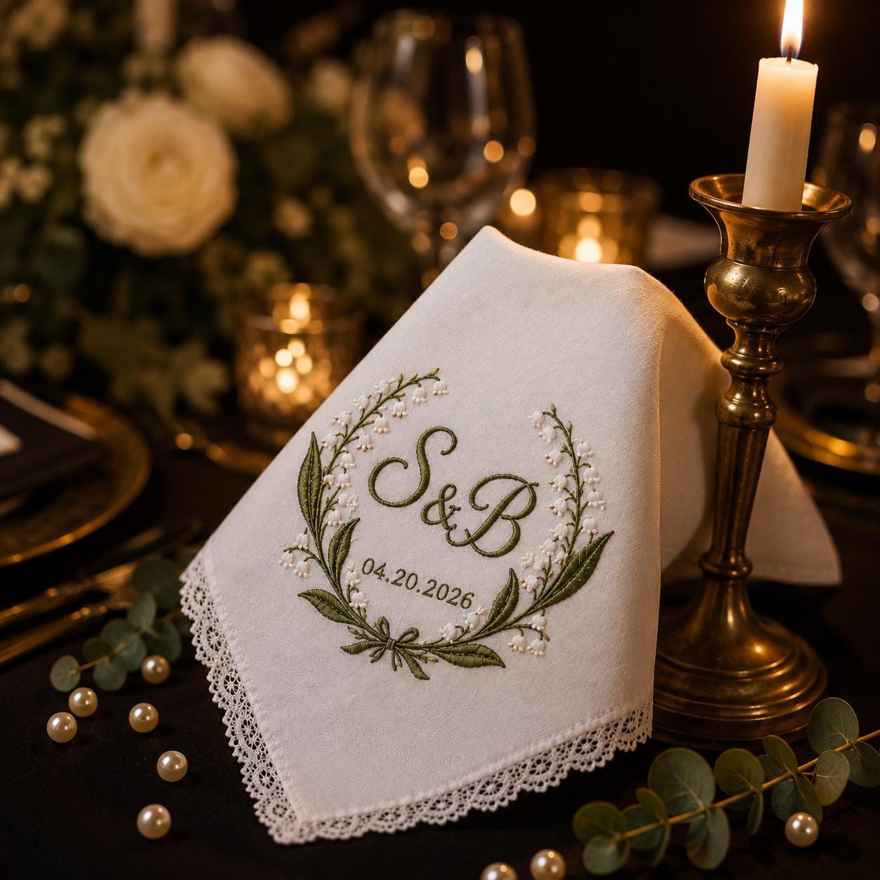 Personalized Embroidered Wedding Handkerchief Hankie with Couple Initial Date, Lily Of The Valley Lace Bridal Keepsake Happy Tears Gift - photo 3