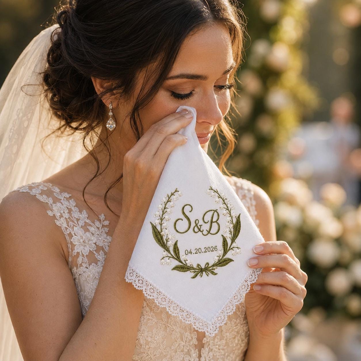 Personalized Embroidered Wedding Handkerchief Hankie with Couple Initial Date, Lily Of The Valley Lace Bridal Keepsake Happy Tears Gift - photo 7