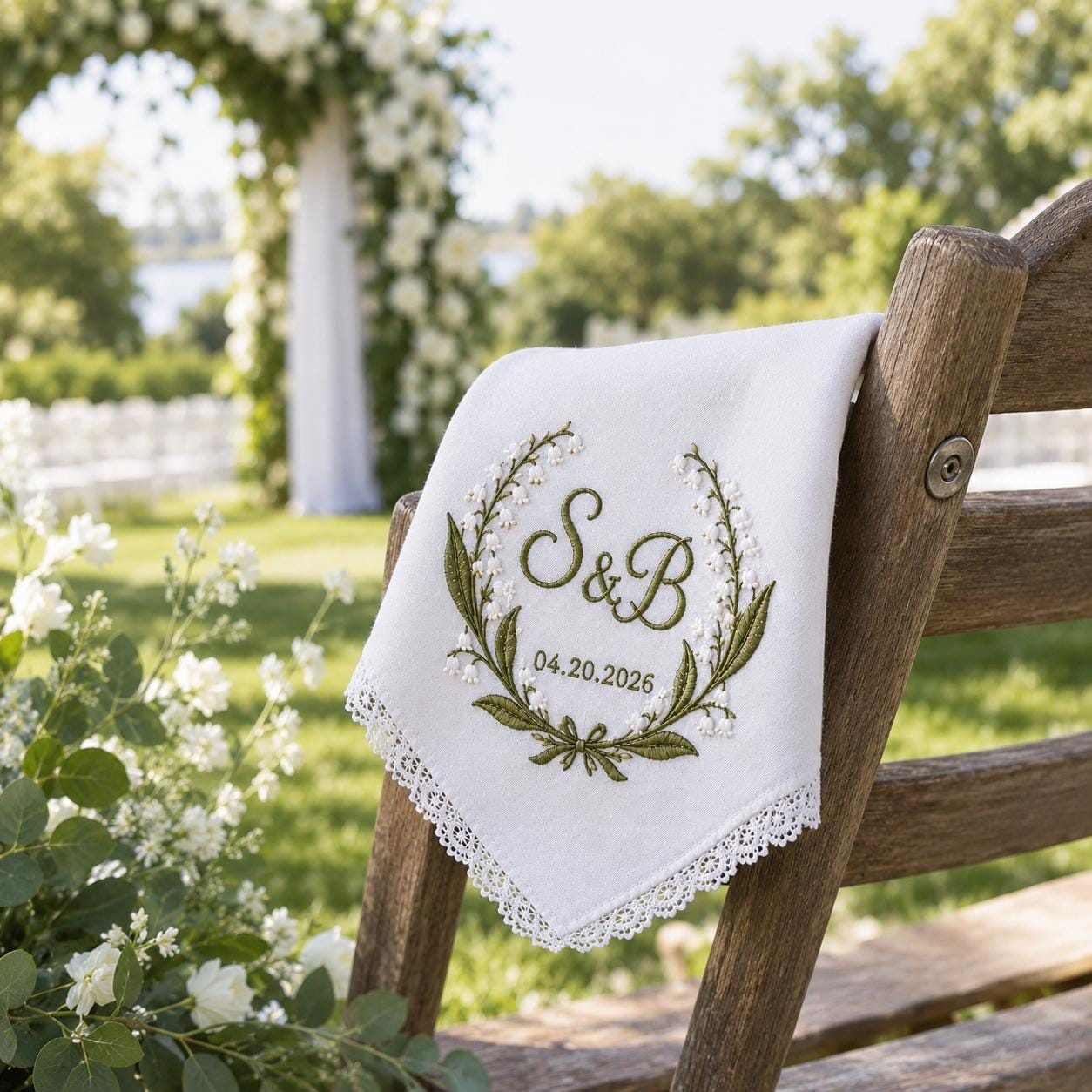 Personalized Embroidered Wedding Handkerchief Hankie with Couple Initial Date, Lily Of The Valley Lace Bridal Keepsake Happy Tears Gift - photo 8