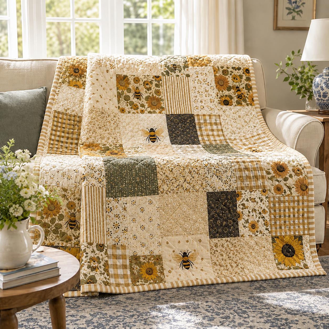 Sunflower Bee Quilt Blanket with Cottagecore Patchwork Throw and Floral Farmhouse Rustic Yellow Bedding for Cozy Sofa