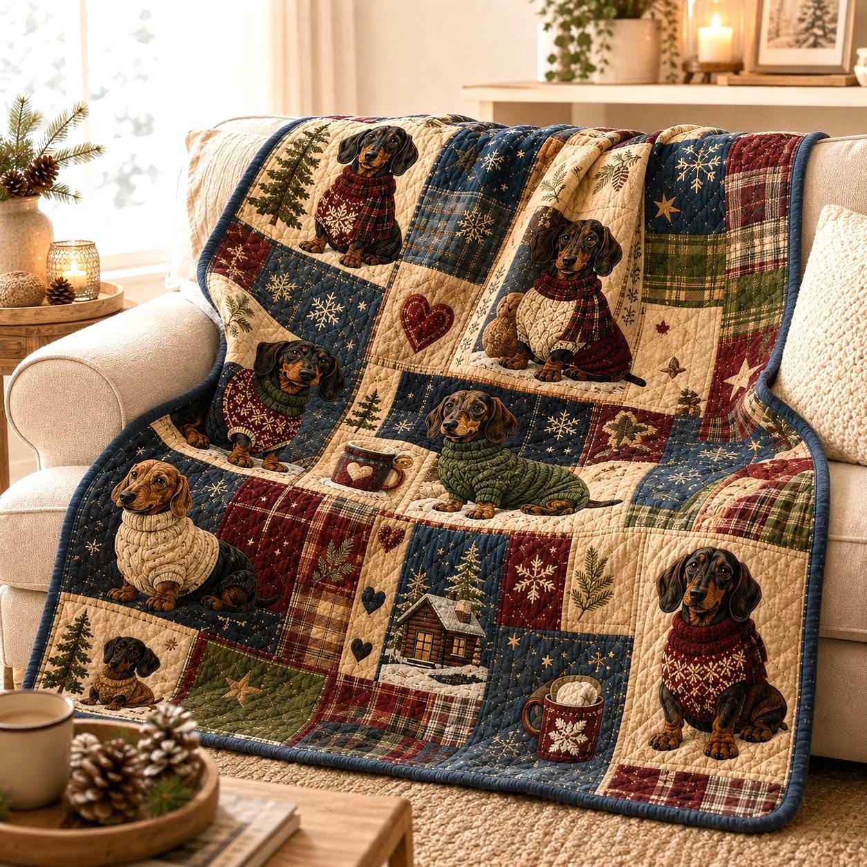 Dogs Quilt Style Blanket with Dog Lover Bedding and Dachshund Rustic Gifts Gift Home Decor Adorable Wiener